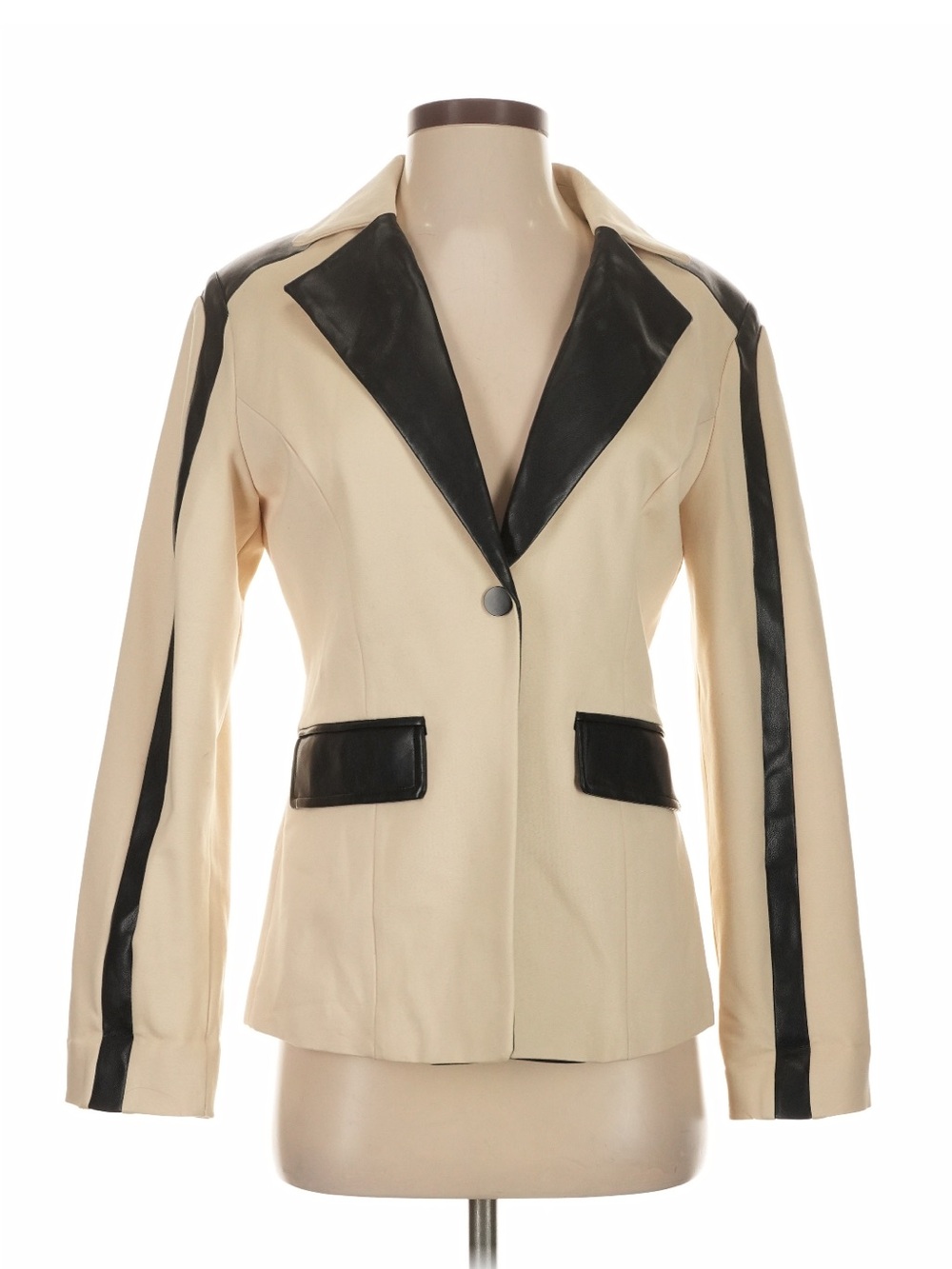 Dolce Cabo Beige and Black Faux-Leather Trim Blazer Jacket